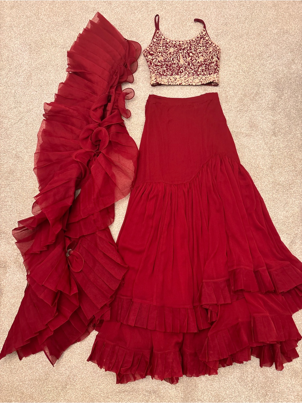 Womenβs lengha - Red Embroidered Party Dress with Ruffled Dupatta. Diwali dress